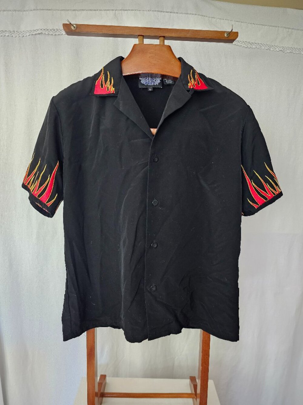 Men's L Silver Point Y2K flame collared short-sleeve shirt good used condition.